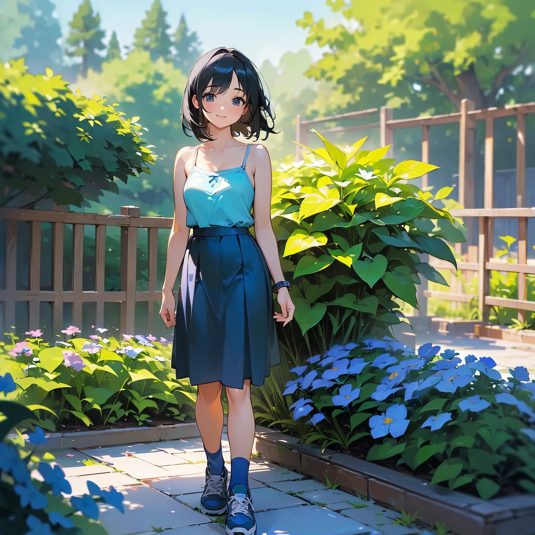 (high quality, High resolution, Very detailed, reality:1.37), Peaceful atmosphere, (Outdoor, garden), Teenage girl standing alone, (my breasts are big.), Beautiful details, Cute Smile, (Black bob hair), camisole, Blue Skirt, Blue socks, sneakers.