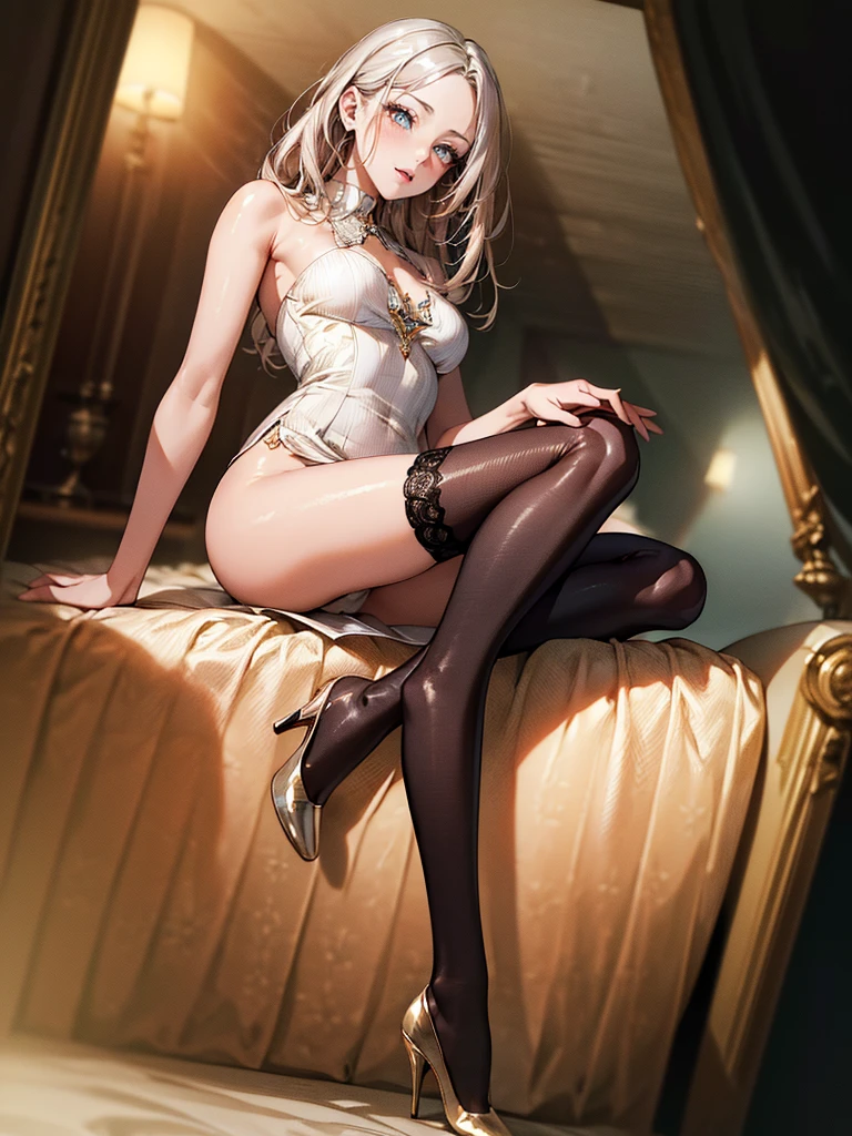 (masterpiece, high resolution, best quality,highres:1.5), CG, illustration, delicate face, cute face, shiny hair, shiny skin, sparkling pupils, Latex dresses,High heels,Patterned stockings, side shot, silver hair,