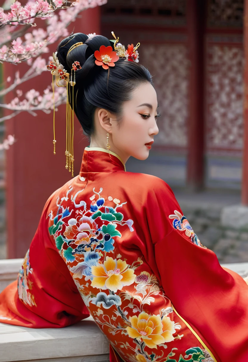 A close-up side view of the buttocks of a Chinese empress. In the background, she is lying down in a Chinese palace during the Qing dynasty, wearing red Hanfu and exposing only her large buttocks. She's wearing underwear, but her protruding butt is floating up.
Her hair is decorated with a large, flashy flower.
The back of the hair is tied up and up. Erotic Woman