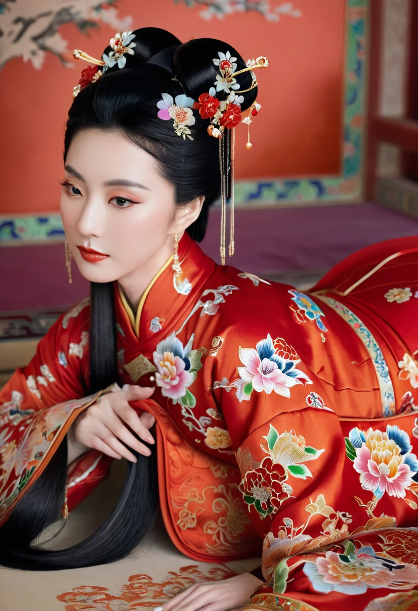 A close-up side view of the buttocks of a Chinese empress. In the background, she is lying down in a Chinese palace during the Qing dynasty, wearing red Hanfu and exposing only her large buttocks.　　　She&#39;s wearing underwear, but her protruding butt is floating up.　　　　　　　　　　　　　　　　　　　　　　　　　　　　　　
Her hair is decorated with a large, flashy flower.　
The back of the hair is tied up and up.　Erotic Woman