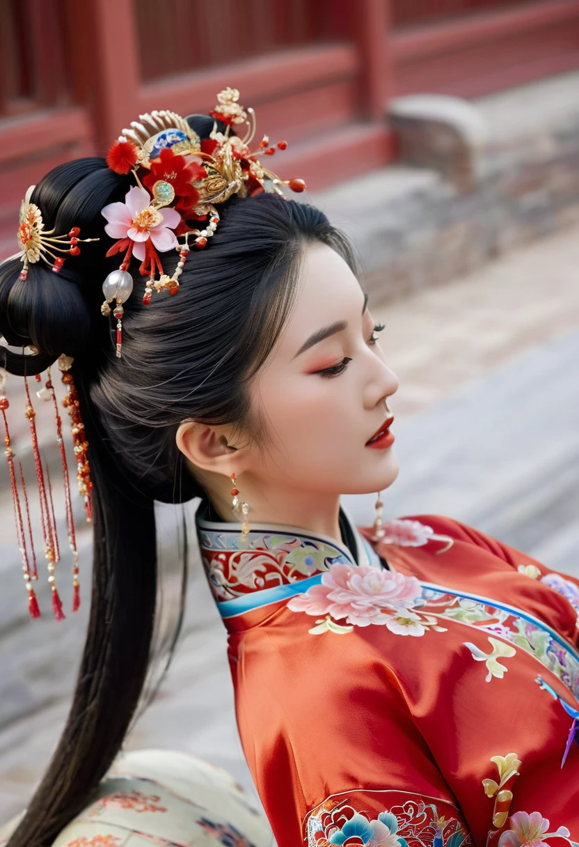 A close-up side view of the buttocks of a Chinese empress. In the background, she is lying down in a Chinese palace during the Qing dynasty, wearing red Hanfu and exposing only her large buttocks. She's wearing underwear, but her protruding butt is floating up.
Her hair is decorated with a large, flashy flower.
The back of the hair is tied up and up. Erotic Woman