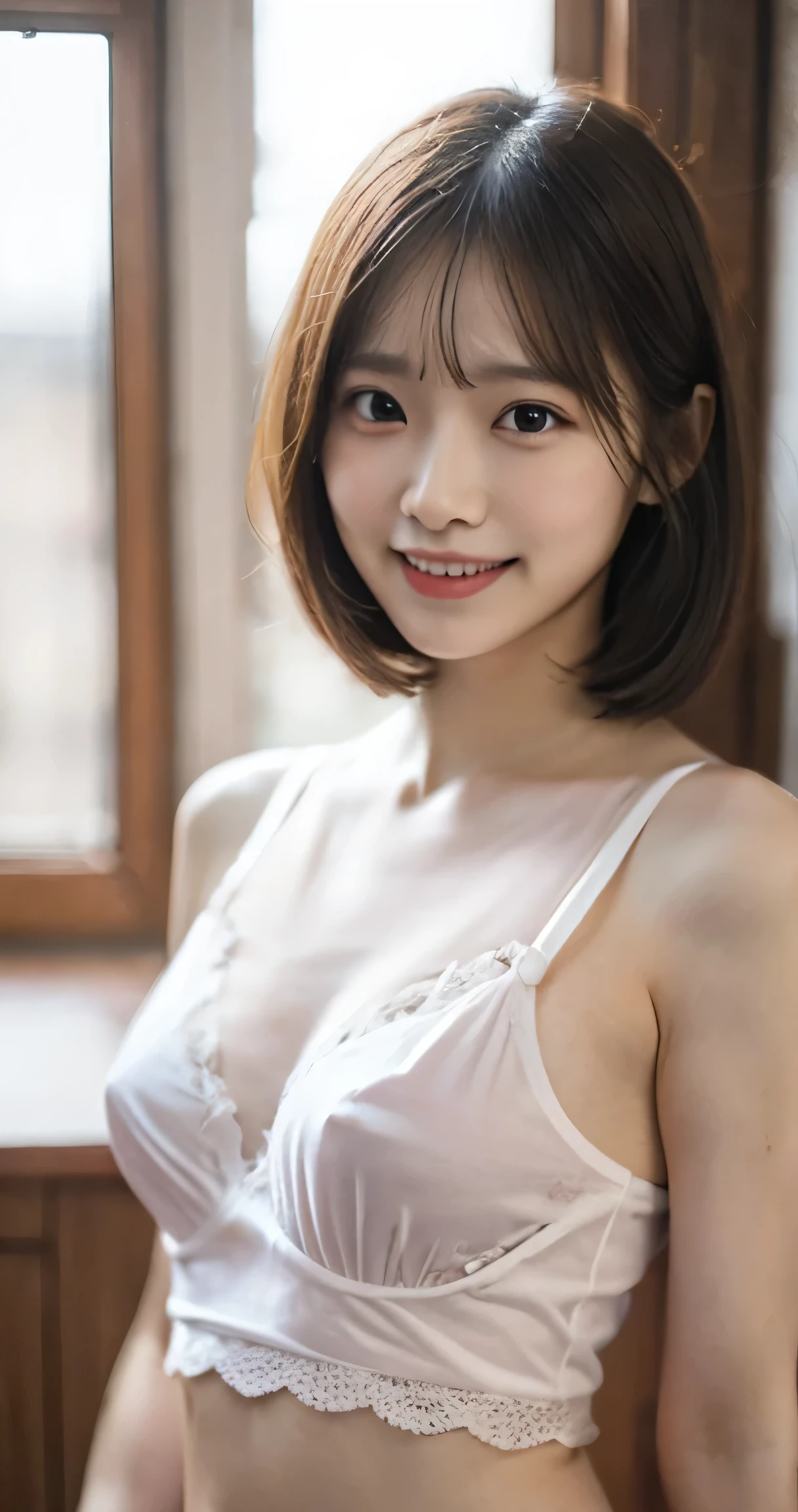Highest quality}, {masterpiece}, {16K, Very detailed}, {Beautiful Skin}, {Professional Lighting) {(One Girl:smile)：(Showing teeth)：(Double Eyes)：(eye shadow)},{Very short hair：straight},whole body,{Glowing Skin} ,{{ (White tight camisole::See through:Pink BRA)}},