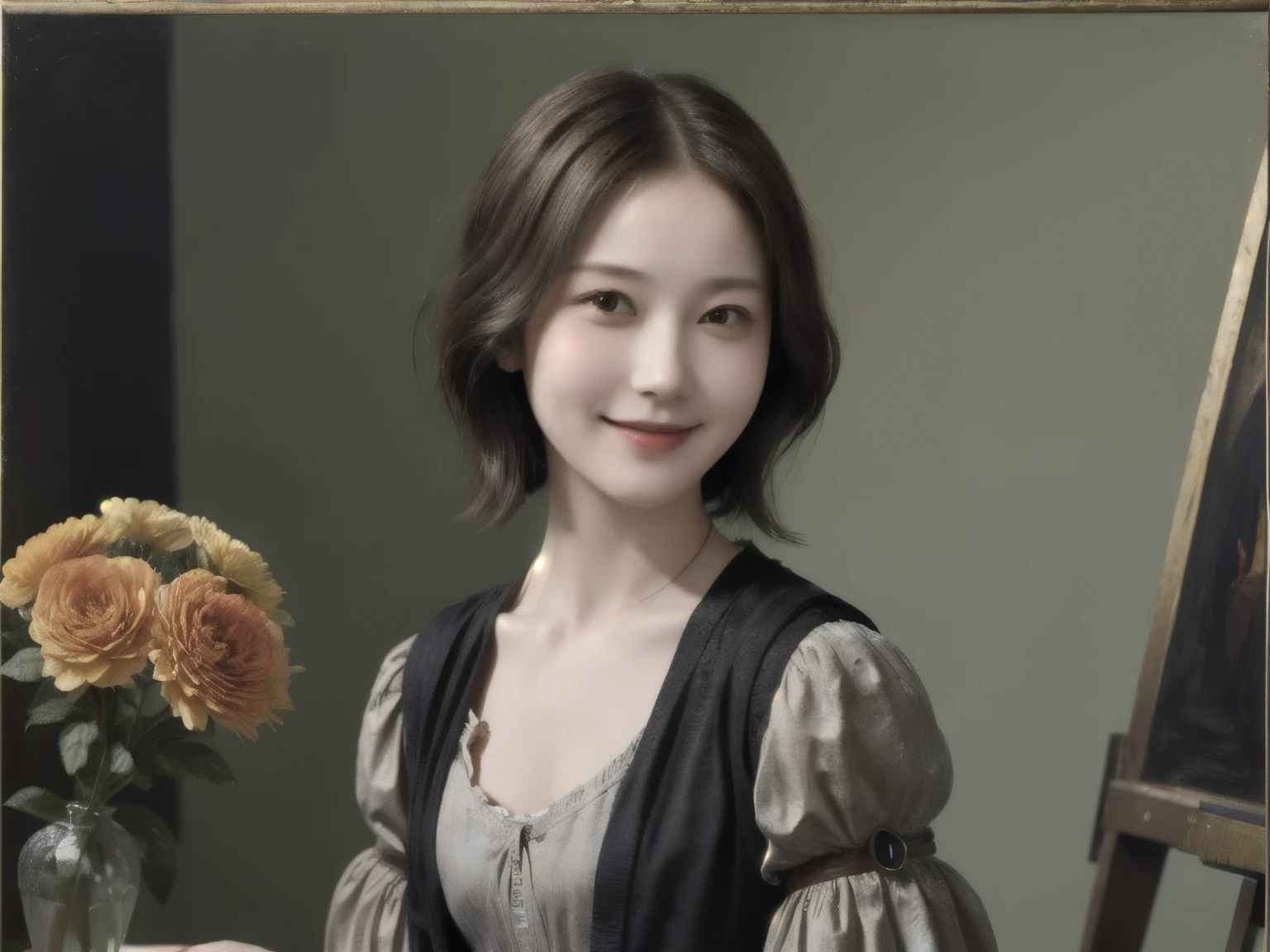 262 20-year-old female,(Short Hair 46),(Genuine,chest:1.5),Old-fashioned smile,(Paintings by Leonardo da Vinci),flower