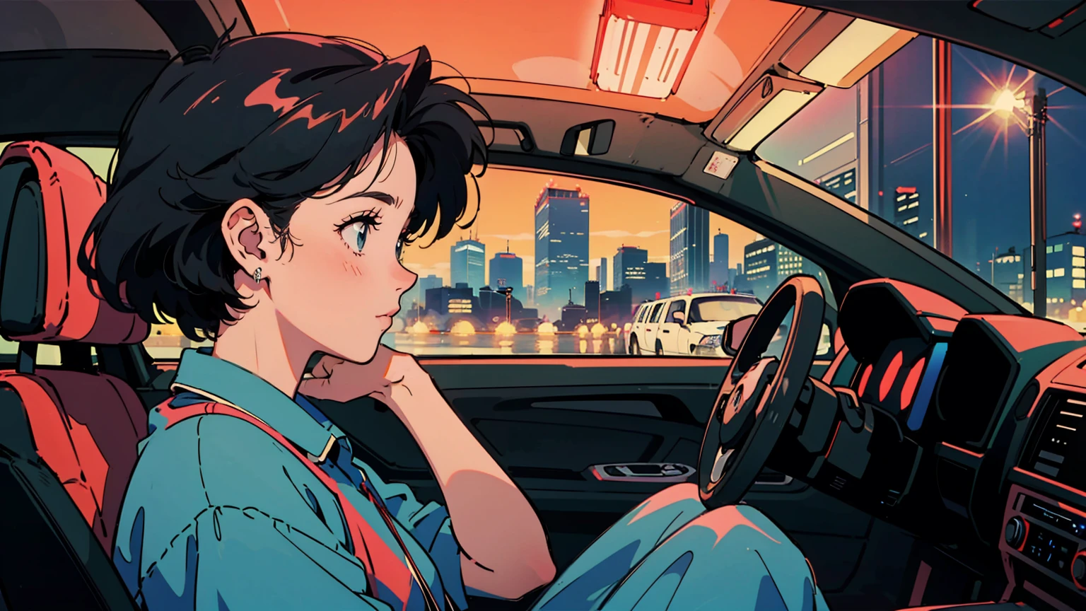 Highest quality, 8k, 1990s style,Hairstyles of the 2010s, 21 year old girl, Black Hair, Bob Hair, Light brown eyes, City Pop, pants ,A girl is driving alone in the city at night, whole body, The background is Tokyo at night,Cute profile