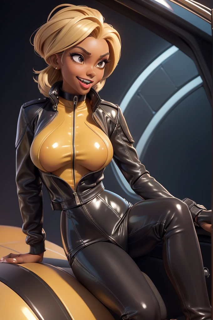 obra prima, melhor qualidade, ((only one woman,)) ((julie skyhigh, dark tan skin,)) looking over shoulder at me, ((open mouth, toothy grin, sticking tongue out, underbite,)) ((wearing metallic yellow pvc minidress, coarse grain leather bomber jacket, jacket has padded shoulders, jacket has stiff high collar,)) (((cone tits, shiny leather bra, erect nipples under leather,))) body is very very skinny, skinny tight ass, ((sitting in luxury convertible car, arched shoulders, legs spread,)) (camera view above waist, back view of body,) shallow depth of field, highres, HD, 8k, anatomically correct