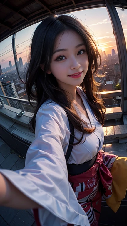 One girl, Japanese, Fisheye Lens, Selfie, Wind, Messy Hair, sunset, Cityscape, (Aesthetics and atmosphere:1.2),smile