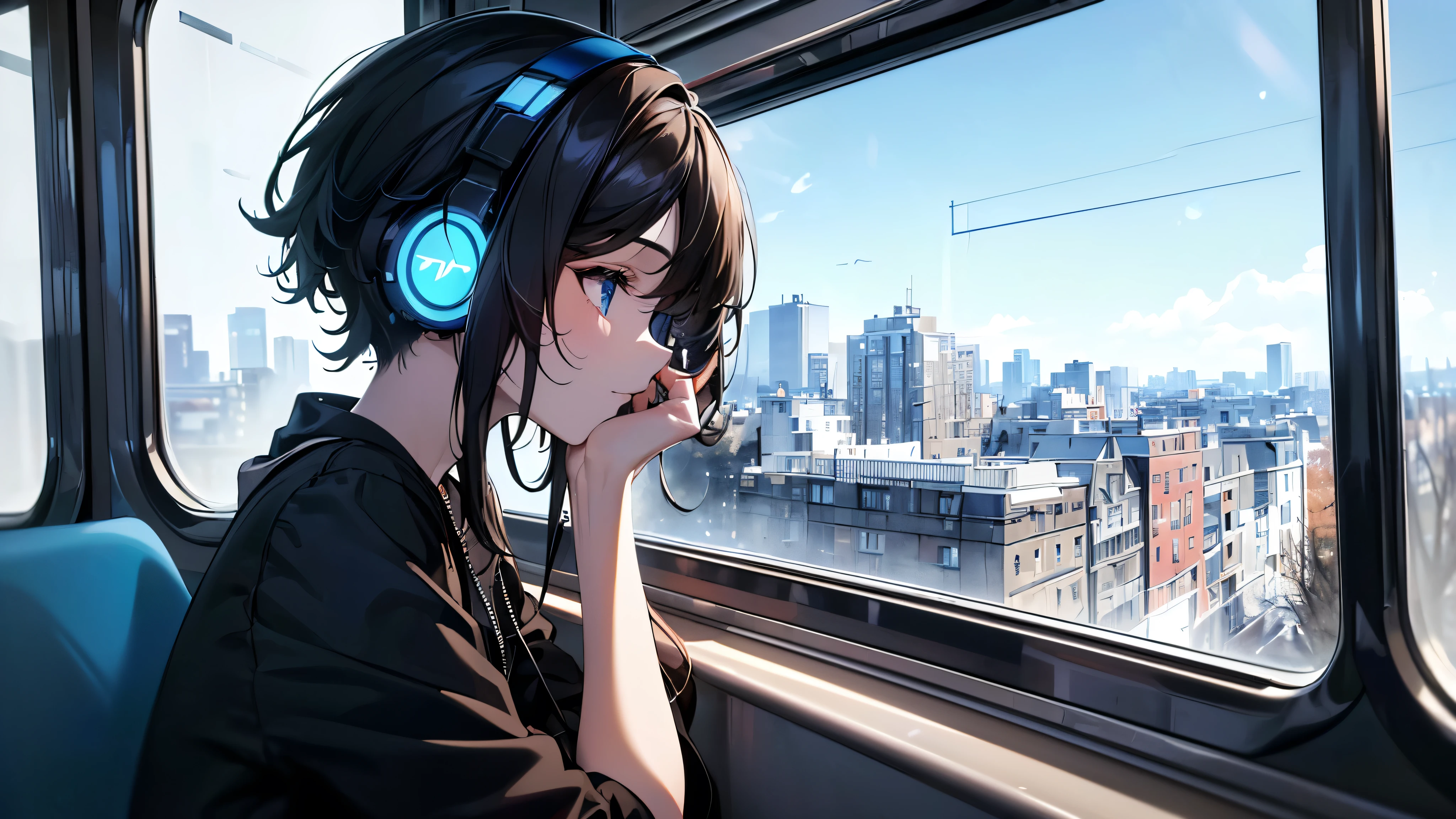 (((UHD, highres, best quality, 1080P, 4K))),((One woman wearing headphones, I'm on the train, looking out the window.,Views outside the city)),black hair, hair over shoulder, blue eyes,profile