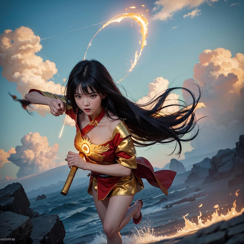 
Realistic, surrealistic 20-year-old Asian girl with long black hair, bangs with wind effect, floating above the clouds, wearing a legendary red, white and gold Xianxia costume, holding a large ancient Chinese hammer, standing on a golden cloud, fighting pose, martial arts pose, and shouting bullet time effect. The orange flame halo around her is flaming and expanding in a terrifyingly high range, seeming to bend and swirl along with her energy. High angle shot with a worm's eye view in a full body shot. Fujifilm D55 lens: 50mm f/1.8 --ar 3:4 --Raw Style --Style 250 --iw 0.5UHD