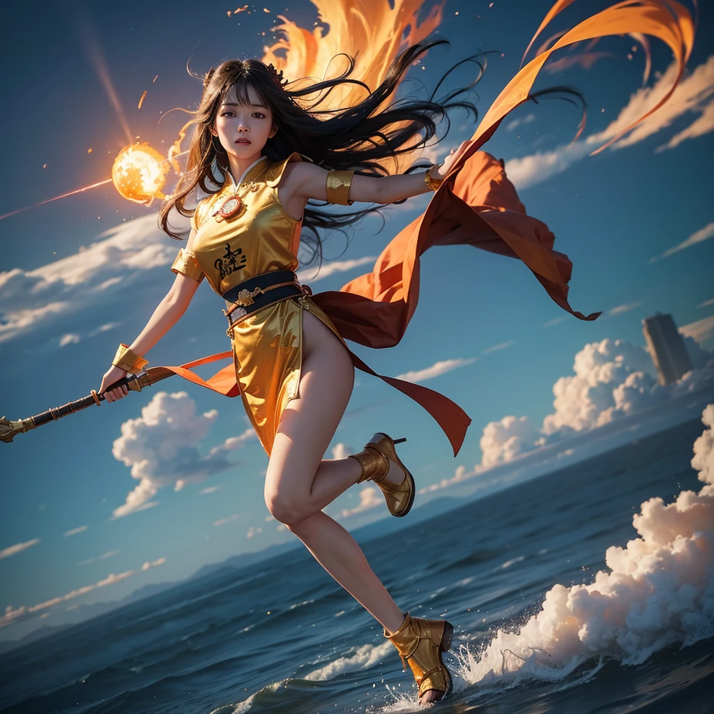
Realistic, surrealistic 20-year-old Asian girl with long black hair, bangs with wind effect, floating above the clouds, wearing a legendary red, white and gold Xianxia costume, holding a large ancient Chinese hammer, standing on a golden cloud, fighting pose, martial arts pose, and shouting bullet time effect. The orange flame halo around her is flaming and expanding in a terrifyingly high range, seeming to bend and swirl along with her energy. High angle shot with a worm's eye view in a full body shot. Fujifilm D55 lens: 50mm f/1.8 --ar 3:4 --Raw Style --Style 250 --iw 0.5UHD