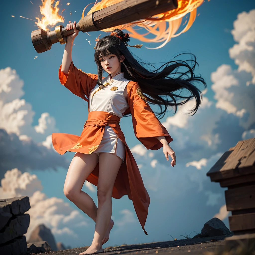 Realistic, surrealistic 20-year-old Asian girl with long black hair, bangs with wind effect, floating above the clouds, wearing a legendary red, white and gold Xianxia costume, holding a large ancient Chinese hammer, standing on a golden cloud, fighting pose, martial arts pose, and shouting bullet time effect. The orange flame halo around her is flaming and expanding in a terrifyingly high range, seeming to bend and swirl along with her energy. High angle shot with a worm's eye view in a full body shot. Fujifilm D55 lens: 50mm f/1.8 --ar 3:4 --Raw Style --Style 250 --iw 0.5UHD