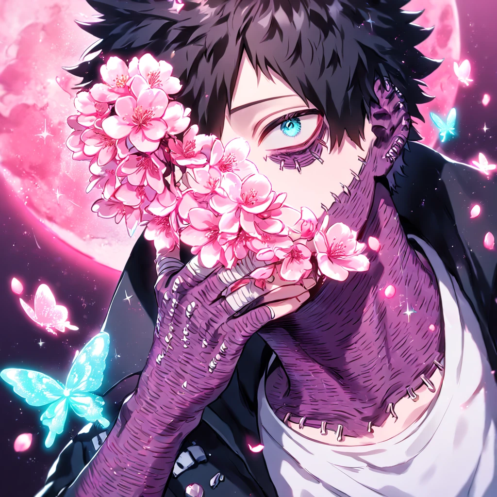 absurdres, highres, ultra detailed, HDR, master piece, best quality, extremely detailed, Dabi, black hair, expressive turquoise eyes, Boku No Hero Academia, solo, sexy man, handsome, black coat, white T-shirt, close up, magical, sparkling, pink glittering fireflies, pink ice, pink ice butterflies, pink ice petals, pink ice cherry blossoms, pink crystal, pink flowers, pink moon