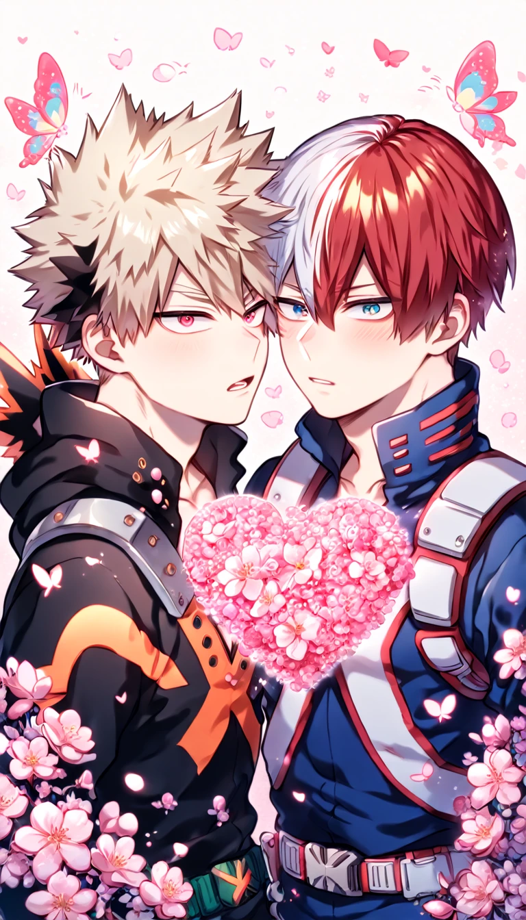 Ultra detailed, HDR, Highres, absurdres, master piece, Todoroki Shouto, bicolor hair, red right side of hair, white left side of hair, expressive blue eyes, Bakugou Katsuki, ash blonde hair, expressive red eyes, hero clothes, Boku No Hero Academia, two sexy man together, gay couple, yaoi, love, handsome, cherry, flowers, blossoms, fantasy, magical, pink leaves, handsome, sensual, best quality, glittering, pink butterflies, pink ice,