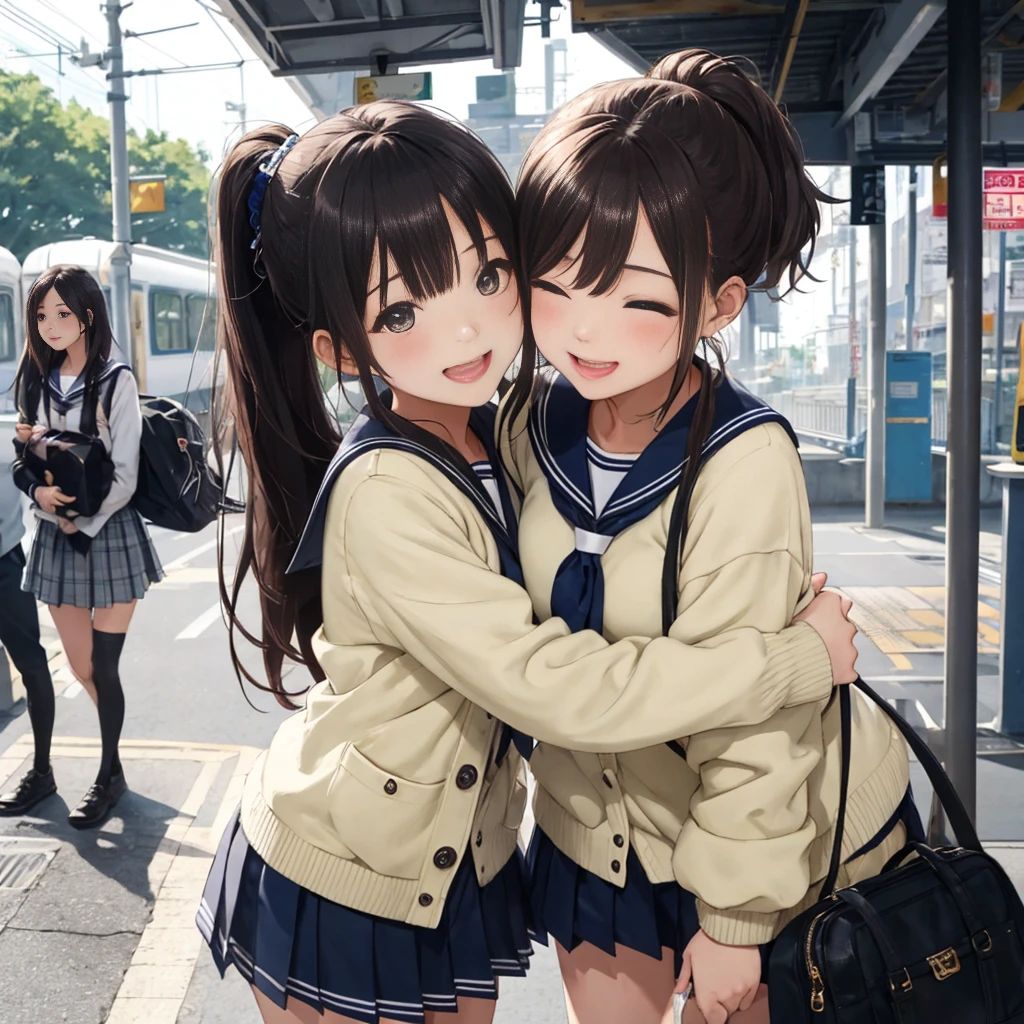 Highest quality、High resolution、Detailed Background、beautiful and elaborate face、beautiful, Smooth Skin、Skin Texture、Professional Lighting、beautiful age girl、(Three Women),Cute hairstyles such as ponytails、Cute color sailor suit、Cute school cardigan in pastel colors、Checkered pleated mini skirt、Knee-high socks、On the way to school、Wait for the train at the station platform、Laughter、smile、sexual expression、Please show me your whole body、Playfully hugging each other、Laughter