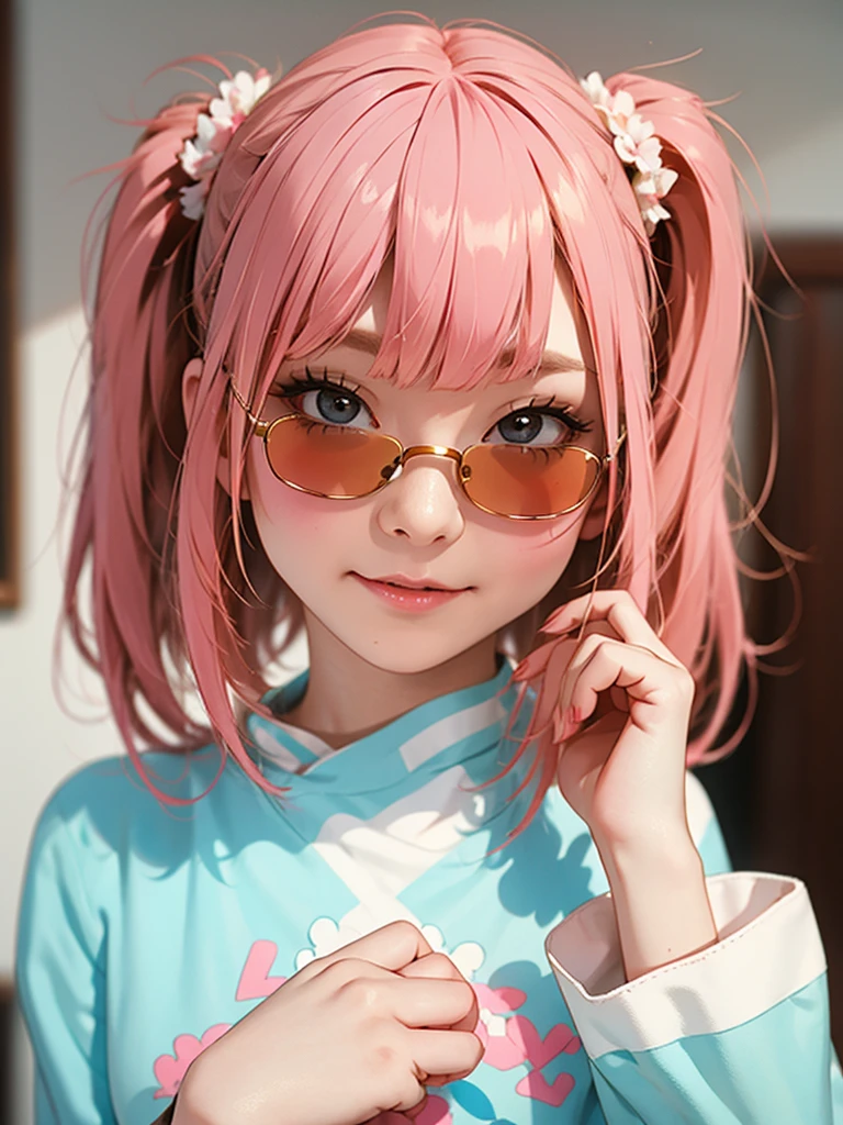 (Highest quality:1.2, City Pop Style, Very detailed, Latest, Vibrant, High Contrast, masterpiece:1.2, Highest quality, Best aesthetics), girl, ((Face Up Shot:1.4)), Colorful Hair, Bobcut, pastel colour, 1980s style, ((Retro, Vintage, Plain background)), (sunglasses).