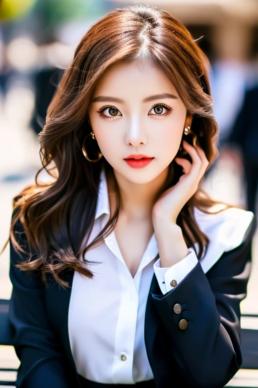 (realistic girl in a formal outfit, beautiful detailed eyes, beautiful detailed lips, extremely detailed face and features, perfect body proportions, a, crossed legs, sitting on a bench in an outdoor street setting, photorealistic, 8k, high quality, bokeh, SFW)