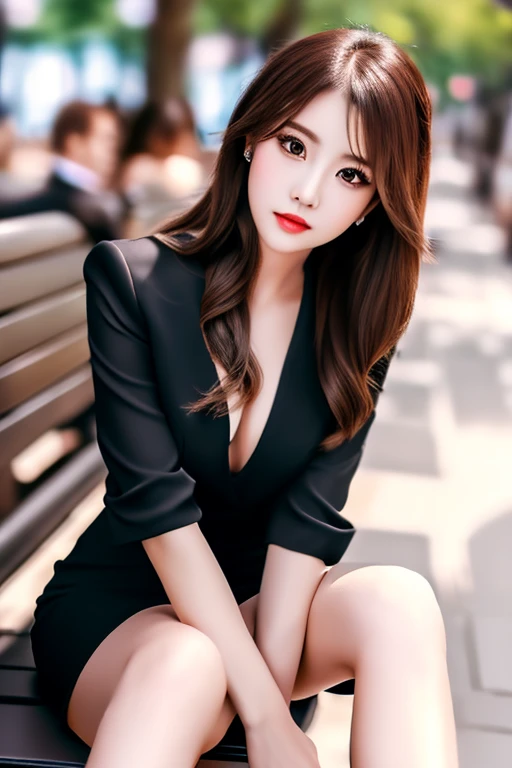 (realistic girl in a formal outfit, beautiful detailed eyes, beautiful detailed lips, extremely detailed face and features, perfect body proportions, a, crossed legs, sitting on a bench in an outdoor street setting, photorealistic, 8k, high quality, bokeh, SFW)