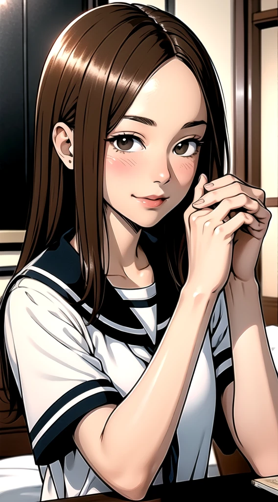 indoor, bedroom, sitting on bed:1.1, ((W sitting)), , long hair, brown hair, brown eyes, (perfect skin, realistic skin), seifuku, white shirt, white socks, white panty, fine fabric emphasis, sexy:1.1, smile, blush:1.2,  TakagiSanFirstStyle, (master piece:1.4, best quality:1.4, intricate details, highres, 8K, 4K, UHD, Ultra Detailed 8K CG, ultra high res, High quality texture, High quality shadow, HDR), nsfw