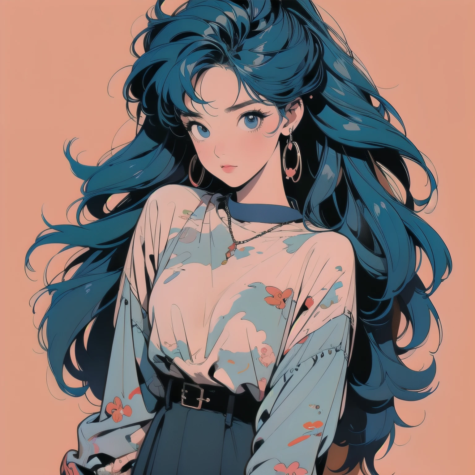 whole body, Upper Body, Messy room, Apartment, 1 girl, 4K, Warm colors , mysterious , skirt, blouse、Faint lighting、Detailed Hair、Perfect Face、80s fashion、retro color、Highest quality、Detailed Background、Complex background、sunset、Blue Hair、anime