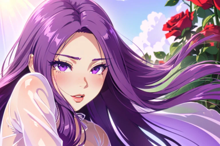 ((seira sodeshiro)) ((highest quality)) ((realistic)) ((fullscreen)) solo, (pretty face) ((extremely long hair)) ((sexy flowing hair)) (((wearing black-purple rose-shaped see-through clothes))) ((coloured sky)) ((graceful lady)) ((face to face photoshot)) ((showing off her lips)) ((sunbathed)) (newlywed on honeymoon)
