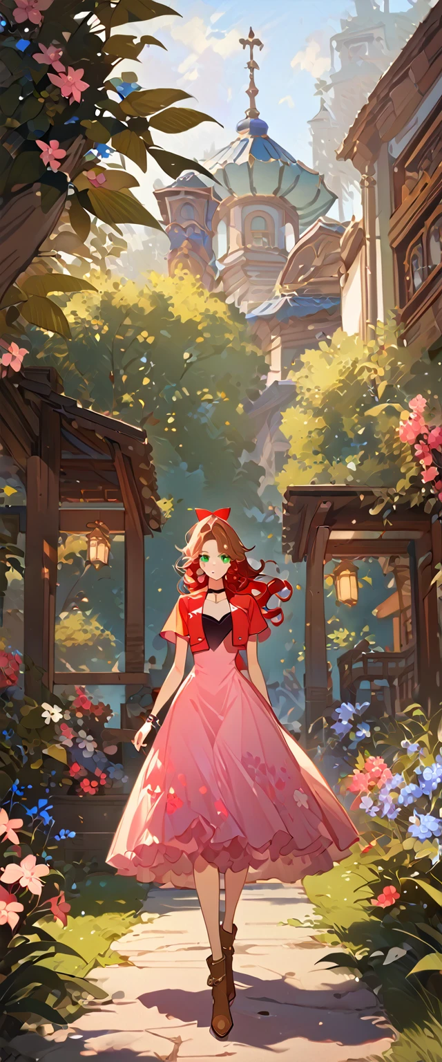 masterpiece, best quality, 8k, 4k, 1girl, aerith gainsborough, brown hair, high middle bang, longer side curly bang, long tight curly ponytail, green eyes, red hair ribbon, red bolero jacket, short sleeve jacket, cropped jacket, black tie choker, long pink straight dress, brown boots, bangles, walking in a garden, flowers, detailed background,, inspired by Asukaziye artist : ask, art style : ask