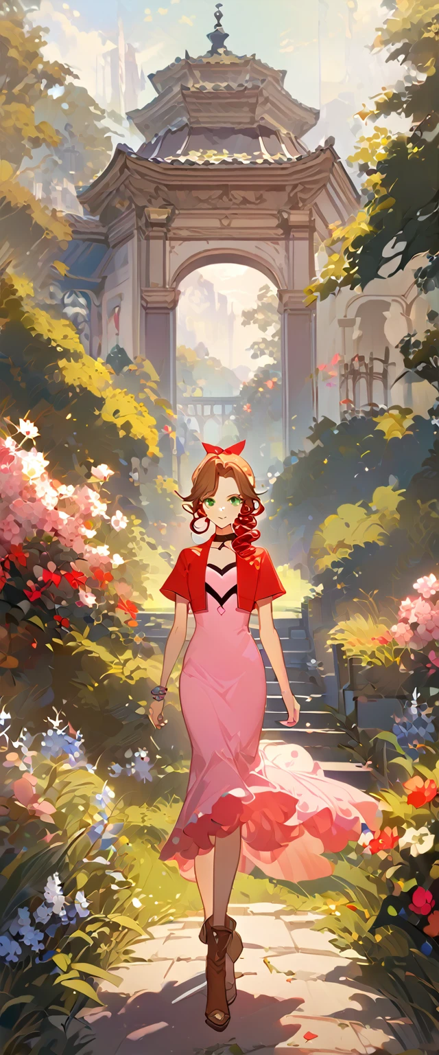 masterpiece, best quality, 8k, 4k, 1girl, aerith gainsborough, brown hair, high middle bang, longer side curly bang, long tight curly ponytail, green eyes, red hair ribbon, red bolero jacket, short sleeve jacket, cropped jacket, black tie choker, long pink straight dress, brown boots, bangles, walking in a garden, flowers, detailed background,, inspired by Asukaziye artist : ask, art style : ask