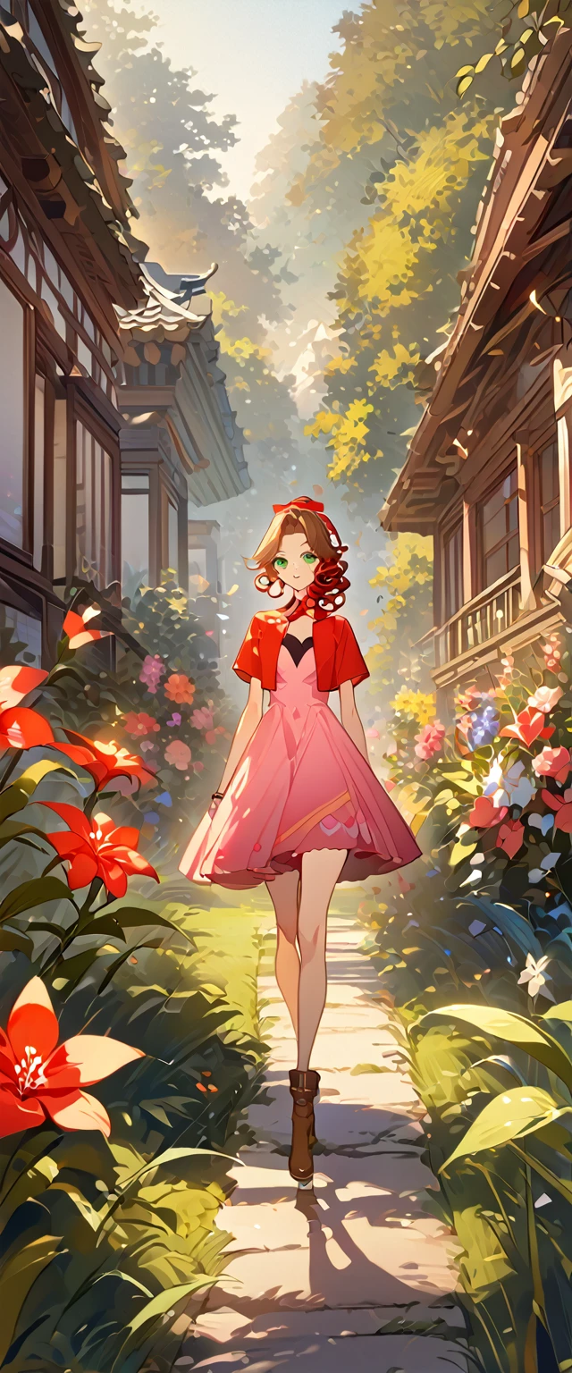 masterpiece, best quality, 8k, 4k, 1girl, aerith gainsborough, brown hair, high middle bang, longer side curly bang, long tight curly ponytail, green eyes, red hair ribbon, red bolero jacket, short sleeve jacket, cropped jacket, black tie choker, long pink straight dress, brown boots, bangles, walking in a garden, flowers, detailed background,, inspired by Asukaziye artist : ask, art style : ask