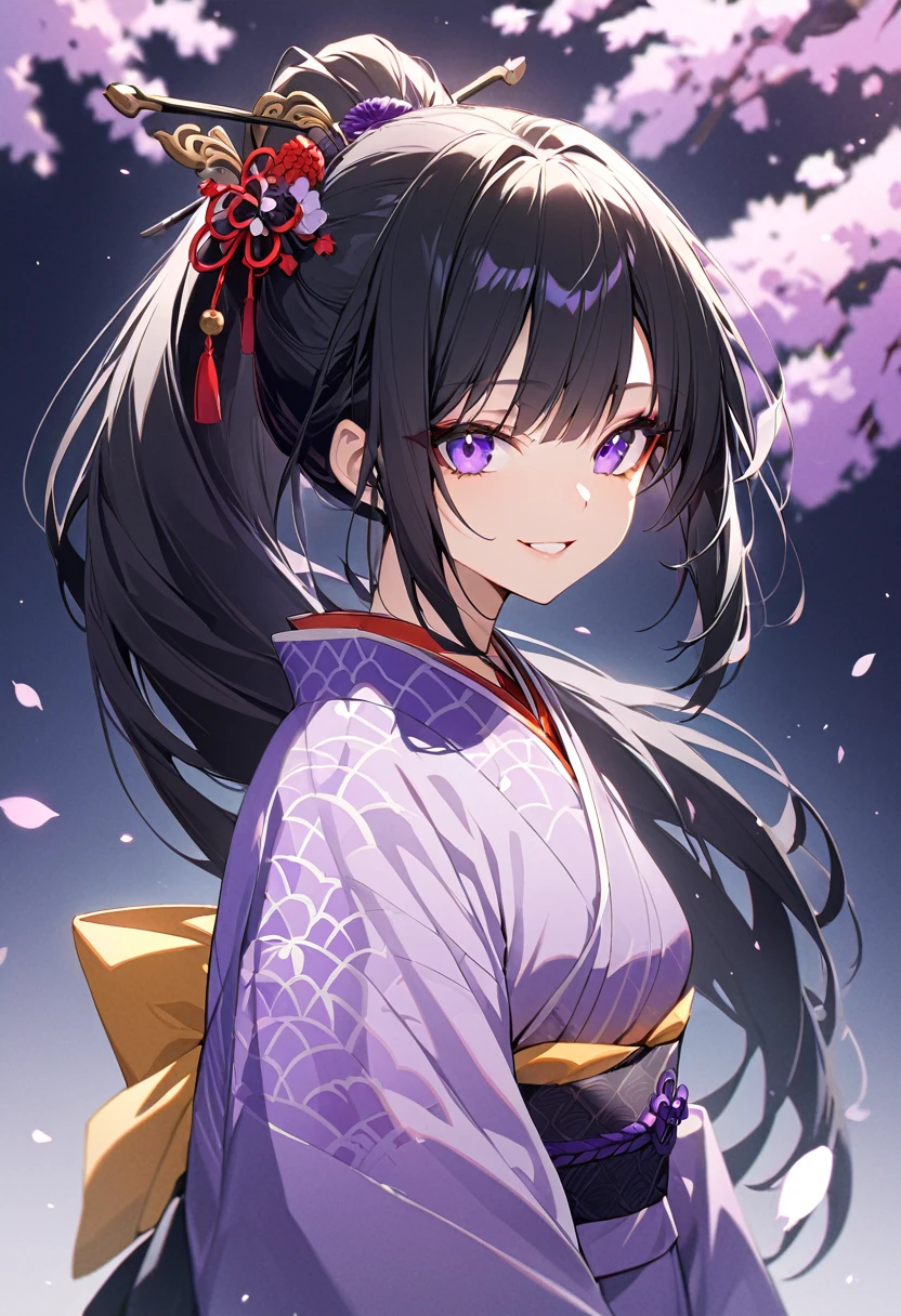 Kyoto, High resolution, Highest quality, 1 girl solo, smile, kimono, Black Hair, Purple highlights, ponytail