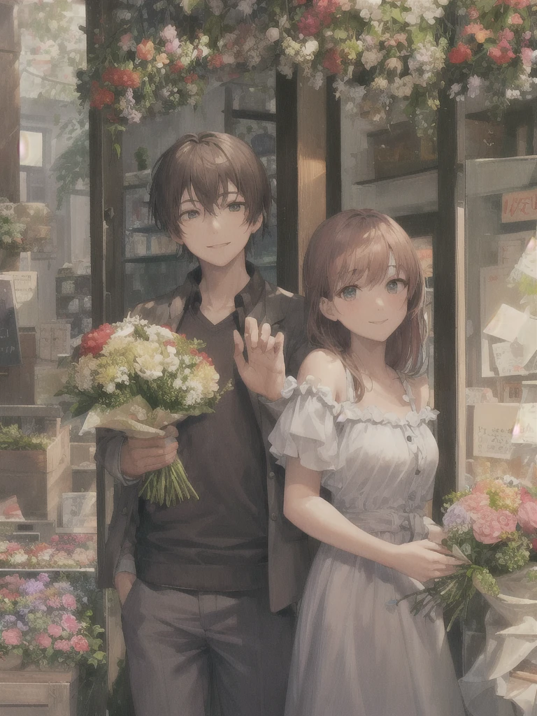 Context: Continuation of the scene in the flower shop.Characters: Alex and Jamie, both smiling.action: Jamie gives Alex a bouquet of flowers, who receives it with a smile.Environment: background full of flowers, Soft natural light.