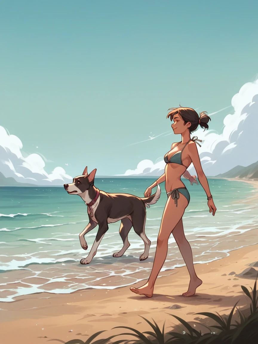 woman walking on a beach, bikini, tied hair, 30 years old, monochorme, grayscale, dark hair, walking with her pitbull dog, 1dog, side view, white small dog
