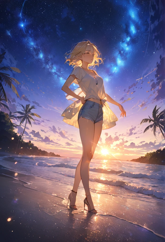 ((masterpiece)),(((Highest quality))),
Thin thighs,Long legs,whole body:1.5，(One Girl:1.3),
(More great casual summer outfits：1.3),(Wear light casual clothing:1.2),
Short Blonde:1.2、Model pose，
flowerpunk、
Sparkling light particles、Vivid gradient effect