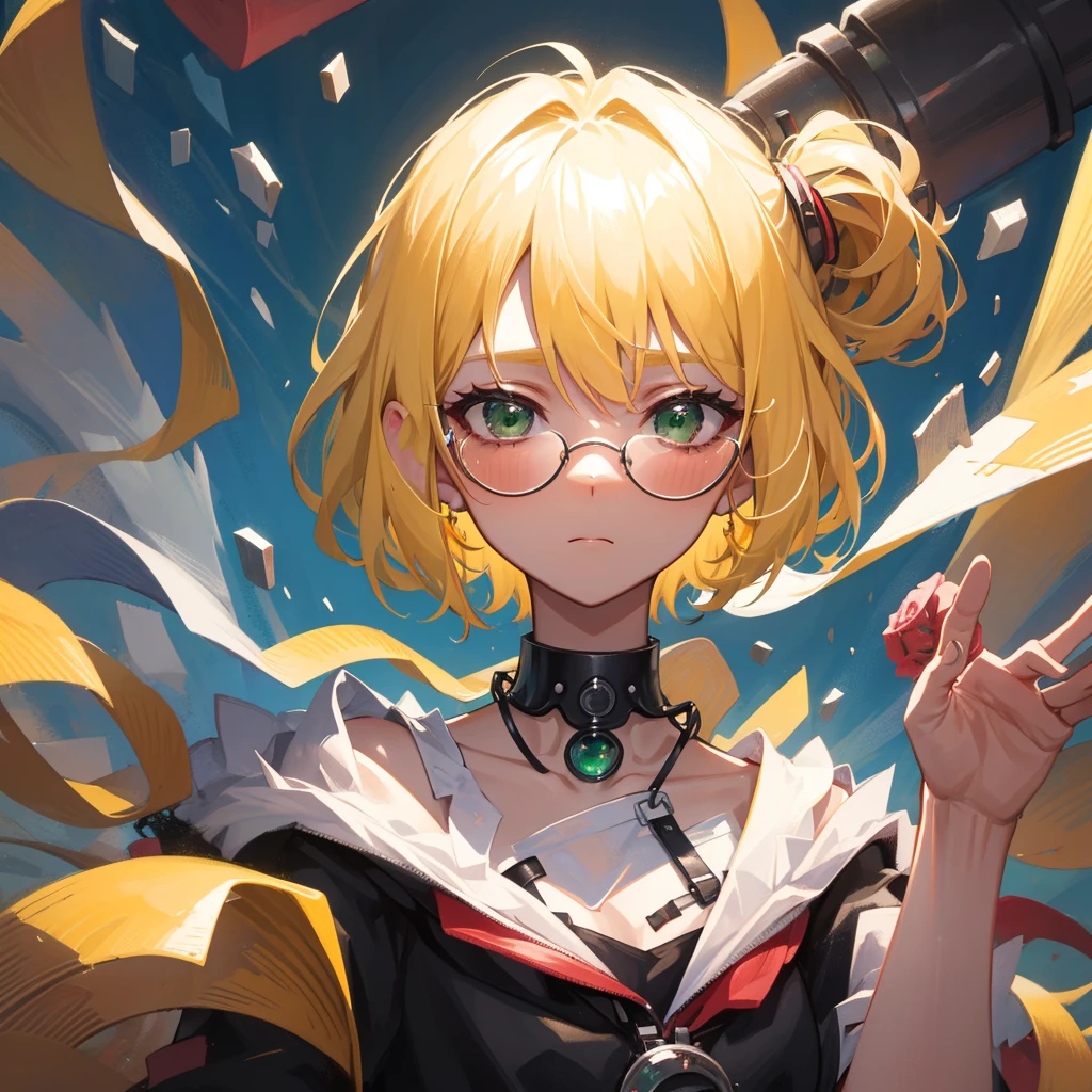 man, precision shooting, portrait, face clearly visible, A picture that only shows up to the shoulders, [[[[[[1 man]]]]]], {{{{{{{{17살 man}}}}}}}}, [[[[[square black glasses]]]]] Short hair, short cut, man short cut, blonde hair, green eyes animation, wearing glasses, choker, looks troubled, , very detailed, 8k, school background