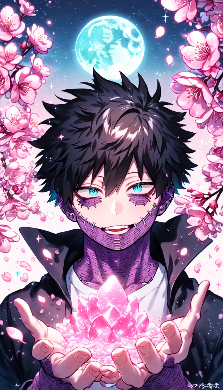 absurdres, highres, ultra detailed, HDR, master piece, best quality, extremely detailed, Dabi, black hair, expressive turquoise eyes, Boku No Hero Academia, solo, sexy man, handsome, black coat, white T-shirt, close up, magical, sparkling, pink glittering fireflies, pink ice, pink ice butterflies, pink ice petals, pink ice cherry blossoms, pink crystal, pink flowers, pink moon