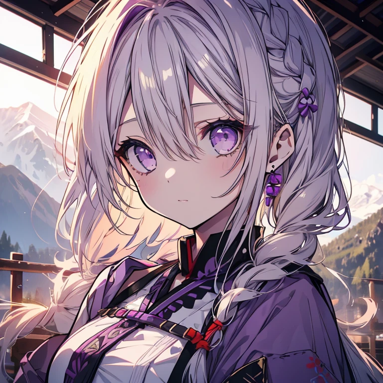 1 girl、Mature、Ample breasts、Long Hair、Blonde、Braid、Pigtails、Purple Eyes、Purple earrings、Tribal pattern、Tribe、Fighting tribes、Rin々Shii、In the mountains with rocky terrain visible、houlder Bare、camisole、High resolution、Highest quality、Cinema Lighting、