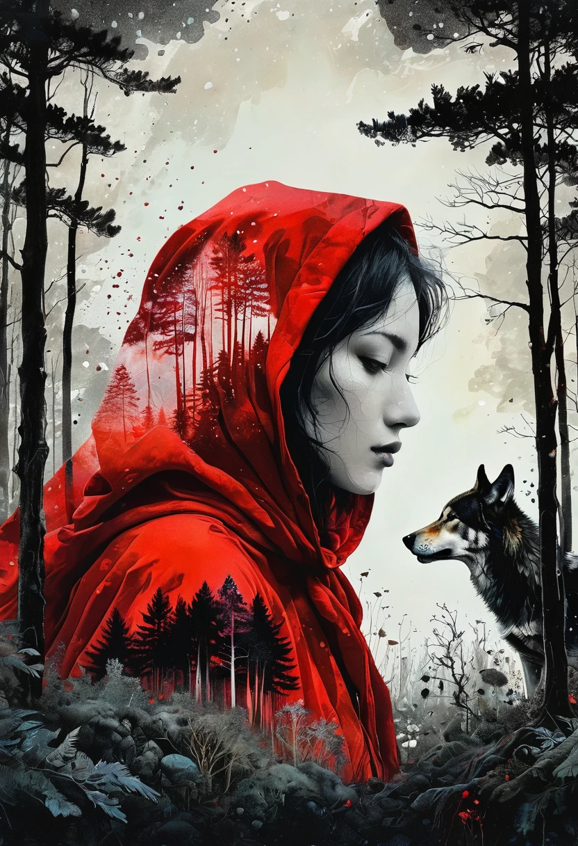 (Double exposure:1.3) effect of Little Red Riding Hood and the Wolf silhouette, superimposed against dark forest sky by Conrad Roset, Brandon Kidwell, Andreas Lie, Dan Mountford, Agnes Cecile, Jeremy Mann, oil and ink canvas, fine art, super dramatic light, photoillustration, amazing depth, hyperdetailed, iridescent red, redundant dreams, intricate detailed, amazing depth, stunning atmosphere, mesmerizing whimsical vibrant scenery, maximalism (Beautiful Outside, Ugly Inside, Stress and Pain, Beauty and Despair, Hard and Soft, Positive and Negative, Hot and Cold, Sweet and Sour, Vibrant and Dull, Perfect Harmony, Light and Dark, Hot and Cold, Old and Young, Fire and Ice, Yin and Yang, Opposites, Black and white, Hot and Cold, Organic and Mechanical, Corresponding colors, Loud and Quiet, Chaos and Peace, Night and Day:1.2) complex masterwork by head of prompt engineering