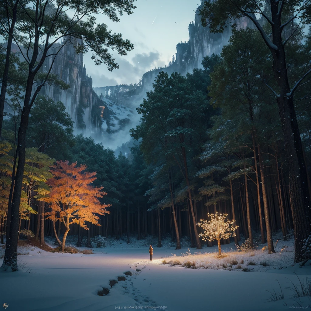 Give it a fantasy style background with lots of trees, little fireflies, very warm landscape, with splendor and in the background, far far away the snowy digital painting style, something spectacular