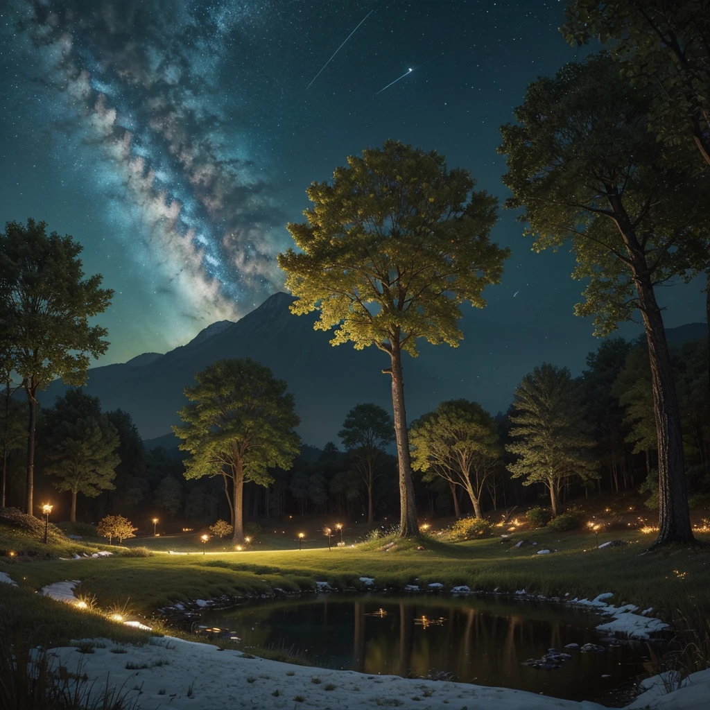 Give it a fantasy style background with lots of trees, little fireflies, very warm landscape, with splendor and in the background, far far away the snowy digital painting style, something spectacular