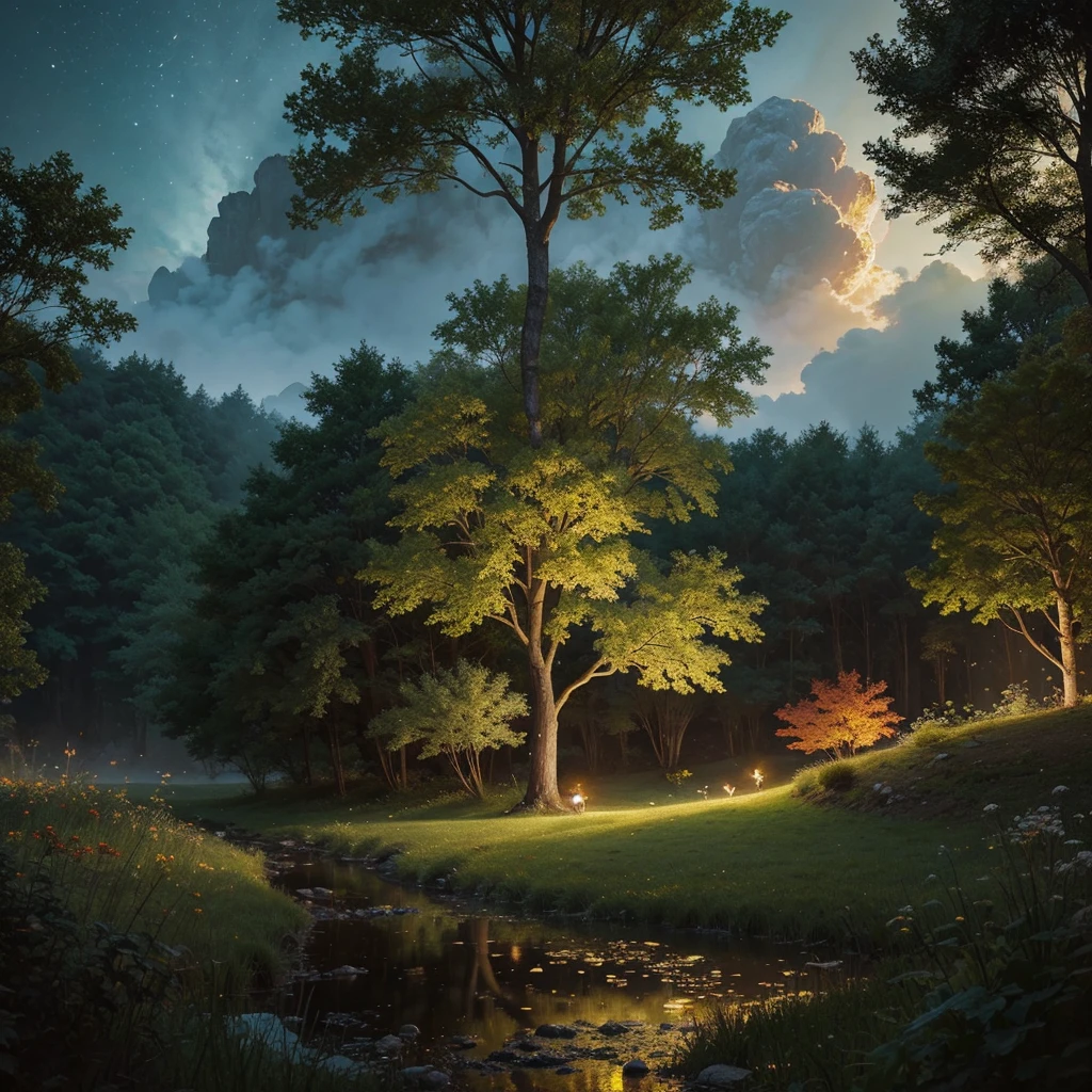 Give it a fantasy style background with lots of trees, little fireflies, very warm landscape, with splendor and in the background, far far away the snowy digital painting style, something spectacular