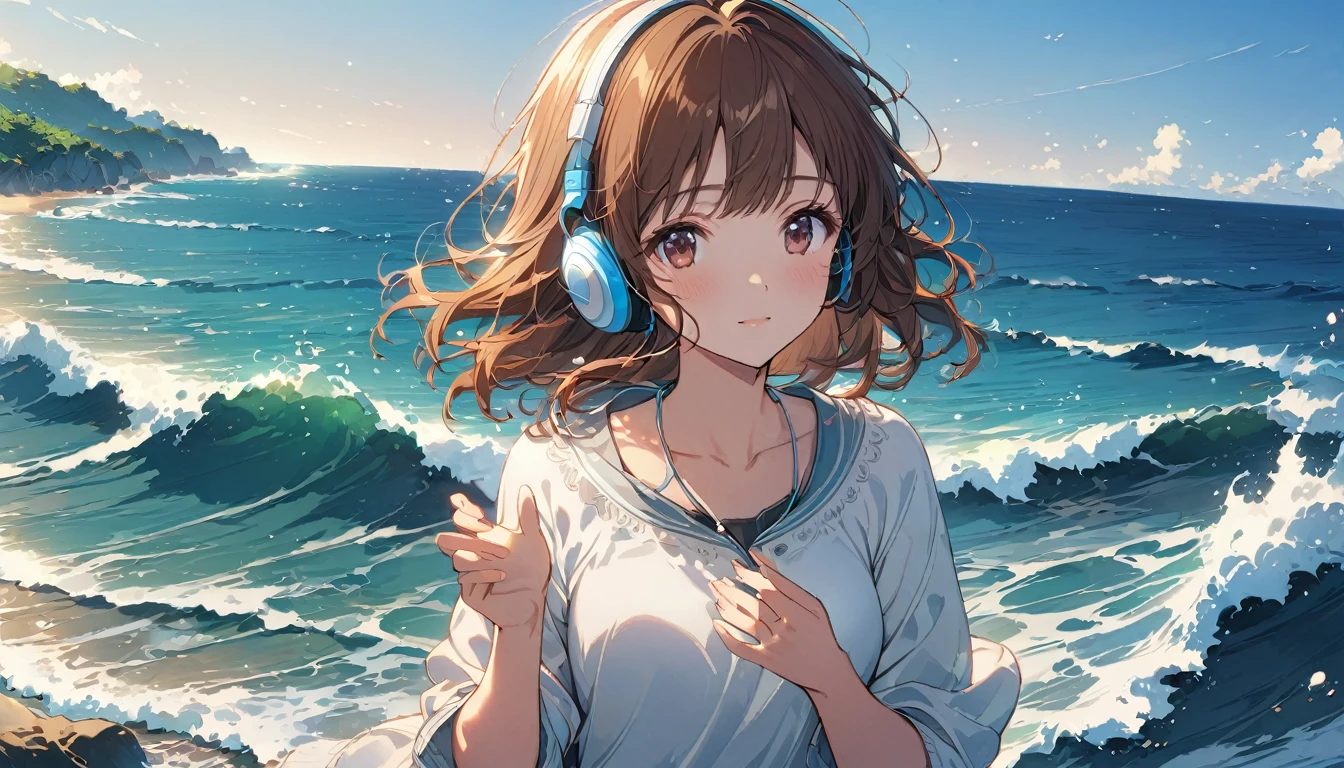 Brown-haired girl wearing headphones、Whisper of the Waves - Highly detailed、masterpiece, Highest quality, Bright - with a calm sea in the background、Relaxed facial expression、Casual clothing、Gazing at the waves、Bright expression
(Detailed fingers), (Emotional), (Breathtakingly beautiful), (main part:1.2 Whole body), (Anime Style), (Very detailed), (超High resolution, High resolution), (8k), (Complex and beautiful: 1.2)