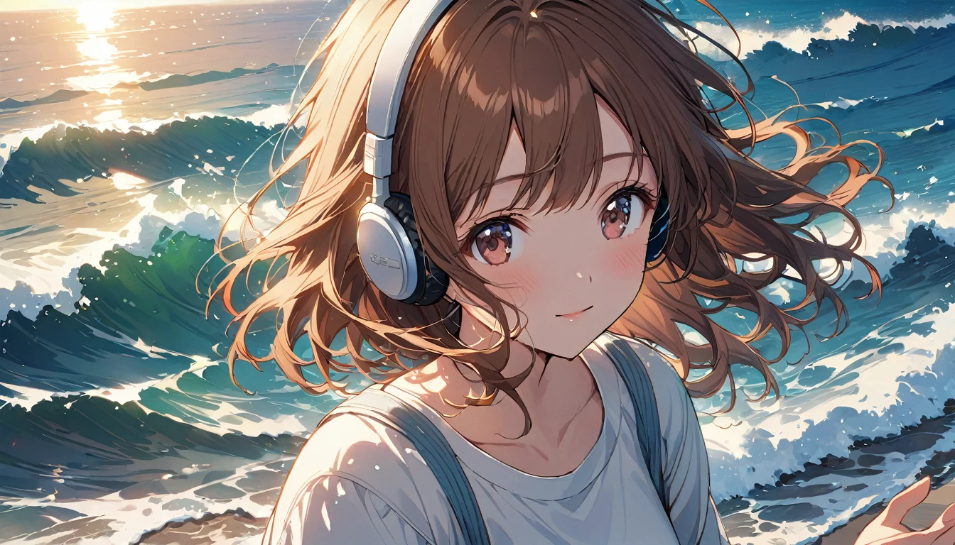 Brown-haired girl wearing headphones、Whisper of the Waves - Highly detailed、masterpiece, Highest quality, Bright - with a calm sea in the background、Relaxed facial expression、Casual clothing、Gazing at the waves、Bright expression
(Detailed fingers), (Emotional), (Breathtakingly beautiful), (main part:1.2 Whole body), (Anime Style), (Very detailed), (超High resolution, High resolution), (8k), (Complex and beautiful: 1.2)