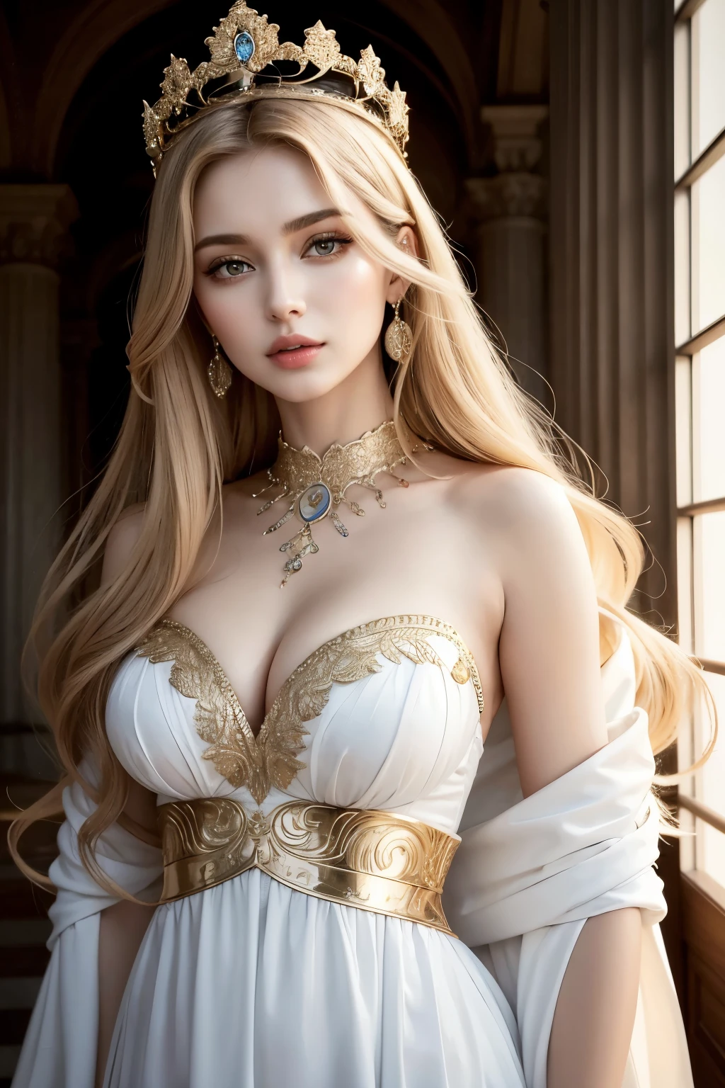 absurdrez, ultra detali, high qualiy, work of art, face detailed, gorgeous eyes(detailedeyes), greek mithology, goddess, hera , the queen of the gods, striking and captivating, features are classically beautiful, with high cheekbones, a face of perfect proportions, eyes portrayed as large and captivating, keep an intense gaze, golden hair , Gole hair is lush and flowing, cascading down the coast in waves,wearing elegant  adorned with intricate patterns ,Your beauty is not only superficial, but embodies the essence of power, autoridade, and royalty.