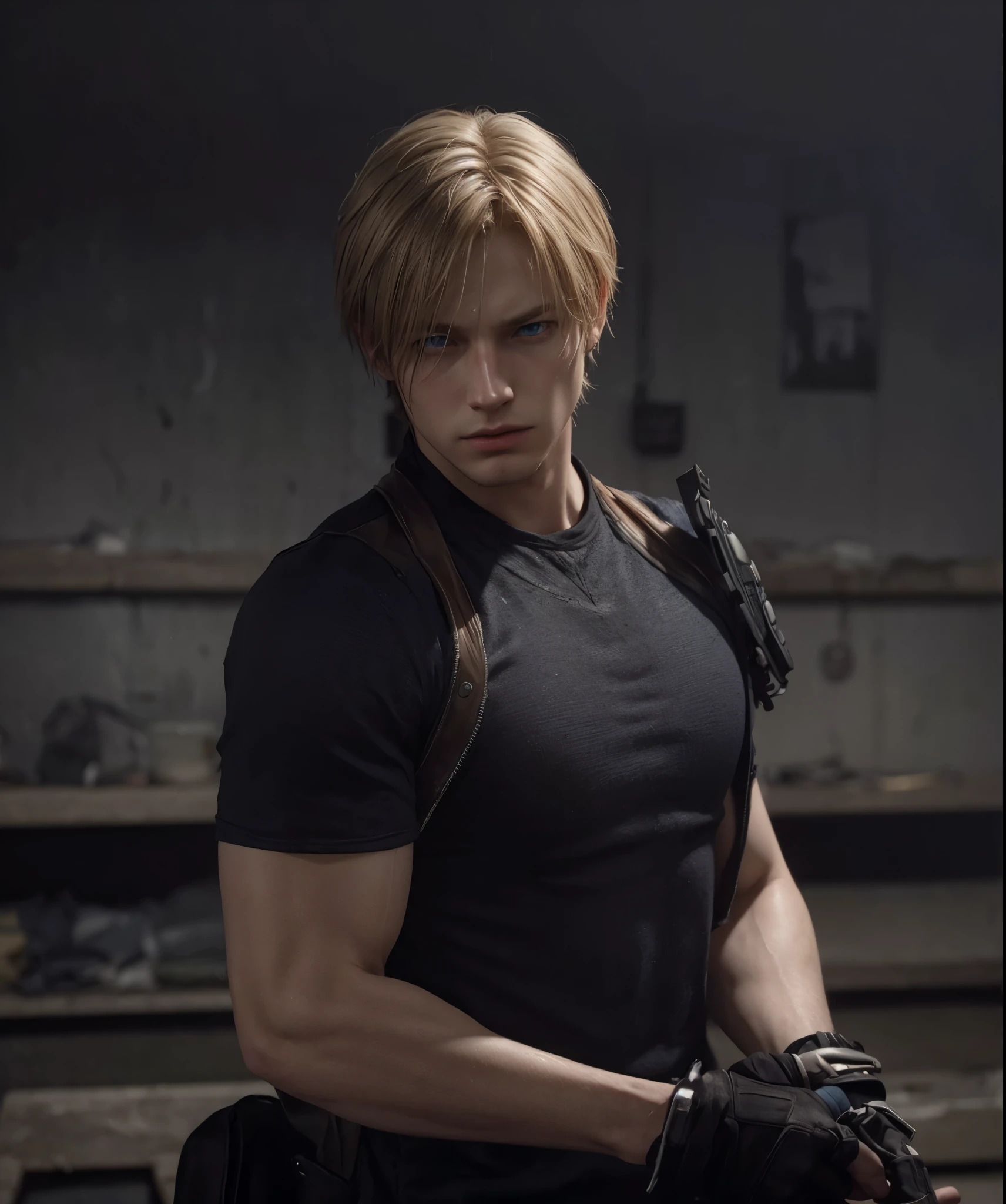 Realistic art of a young blond adult with blue eyes, brother of Leon Kennedy from Resident Evil, with several features similar to his brother, realistic art