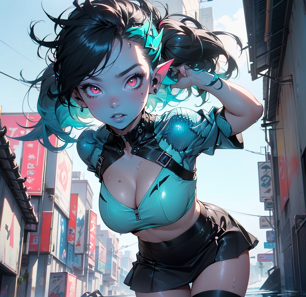 girl alien,(((1girl))),((beautiful girl alien)),
Alien Fish girl, ((blue skin:1.5)), (huge eyes:1.5), (((ear fins:1.5))), (((scaly skin:1.5))),((monster_girl)),(deep blue skin:1.5),
(turquoise hair:1.5), short hair, (((very short hair:1.5, twintails hairstyle))),
(glowing eyes, turquoise_eyes:1.0), (((black sclera:1.5))),symmetrical eyes,(large breasts:1.4),saggy breasts,((colored inner hair)),((fat)),(((shiny body,plastic glitter skin,exaggerated shiny skin,illuminated skin,wet legs))),(spider lower abdomen,narrow waist,wide hip,athletic body,inflated legs,detailed body,(detailed face)),
cute,slutty,seductive,erotic,((nsfw)),
zettai ryouiki,revealing clothing,show skin,((rave bikini,((neon pink color rave mini-skirt)),visible thong straps)),((underpants strap)),(wearing a rave dancing outfit:1.3,rave dancing clothes,semi-naked,with little clothing),(((pink clothes))),((wet clothes,intricate outfit,intricate clothes)),
(dynamic pose:1.0),solo focus,embarrassed,(centered,scale to fit dimensions,Rule of thirds),
cyberpunk city by the ocean at night, with bright neon signs and dark stormy clouds and puddles, scenery:1.25,nighttime, starry night, cosmos,Very dark night that makes the neon lights stand out, very bright neon lights,
artistic photography,(photography taken by sldr),highres, sharp focus,(ultra detailed, extremely detailed), (photorealistic artwork:1.37),(extremely detailed CG unity 8k wallpaper),((synthwave background theme)),(((vibrant colors))),intricate,(intricate background),(masterpiece),(best quality),perfect rendered face,perfect face details,realistic face,photo realistic,analog style,((intricate detail)),(((realism))),