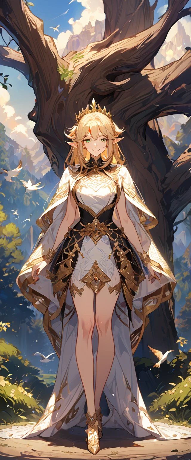 masterpiece, best quality, 8k ,4k , 1girl, elf queen, blond reddish hair, green eyes, big chest, gold wreath crown, hair ornament, finely detailed eyes and detailed face, looking at viewer, white sleeveless, Lace dress, patterned clothes, gold embroidery clothes, meticulous clothes, mature clothes, transparent cape with lace, majestic looks, smiling gently, small bird, full body, big tree background, inspired by Asukaziye artist : ask, art style : ask