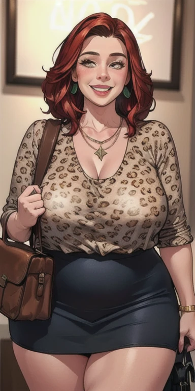 cowboy shot,fat old mature (woman m4d4m3),neckleace,jewerly,leopard print blouse,Black Skirt,standing,duffel bag,thicc thighs,(extremely detaild,work of art, hyperrealisti:1.2),illustrated,gaping mouth,teeths,pretentious smile,playful,funny,