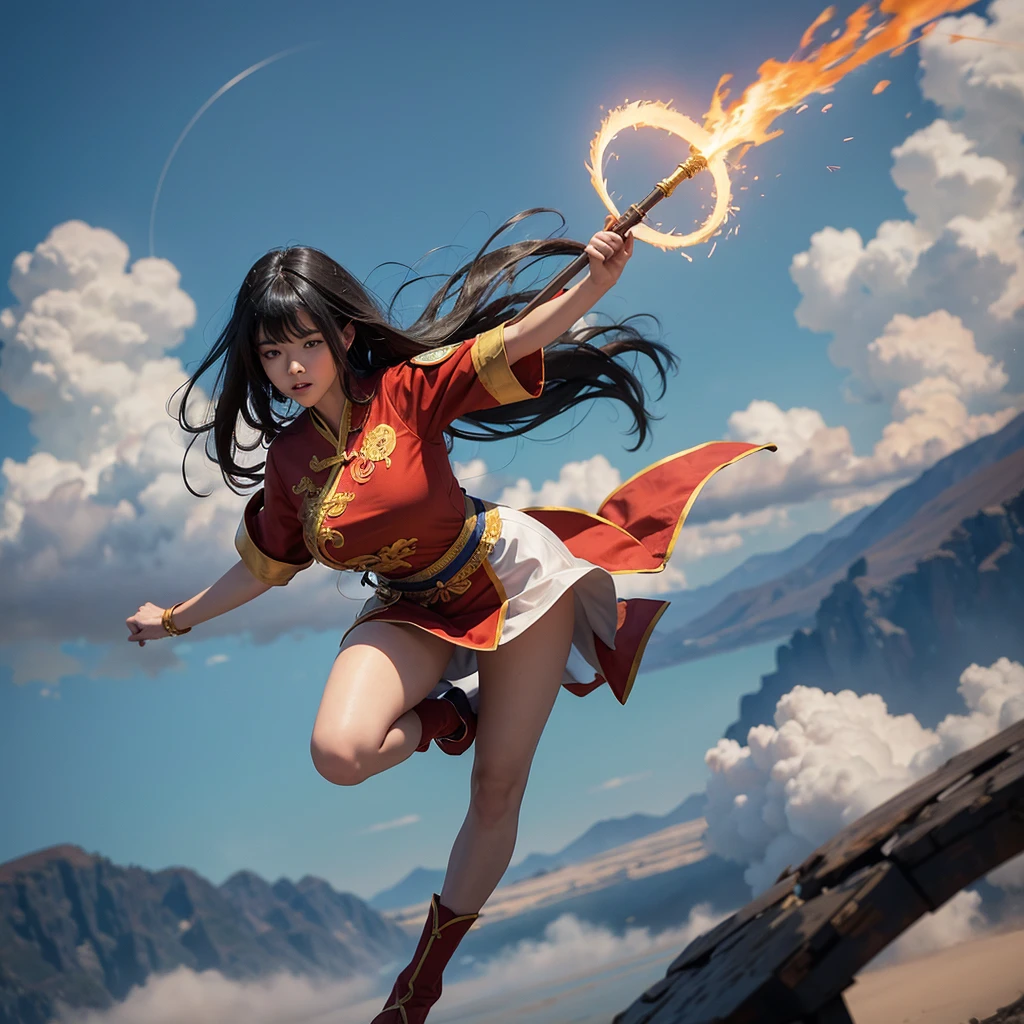 Realistic, surrealistic 20-year-old Asian girl with long black hair, bangs with wind effect, floating above the clouds, wearing a legendary red, white and gold Xianxia costume, holding a large ancient Chinese hammer, standing on a golden cloud, fighting pose, martial arts pose, and shouting bullet time effect. The orange flame halo around her is flaming and expanding in a terrifyingly high range, seeming to bend and swirl along with her energy. High angle shot with a worm's eye view in a full body shot. Fujifilm D55 lens: 50mm f/1.8 --ar 3:4 --Raw Style --Style 250 --iw 0.5UHD