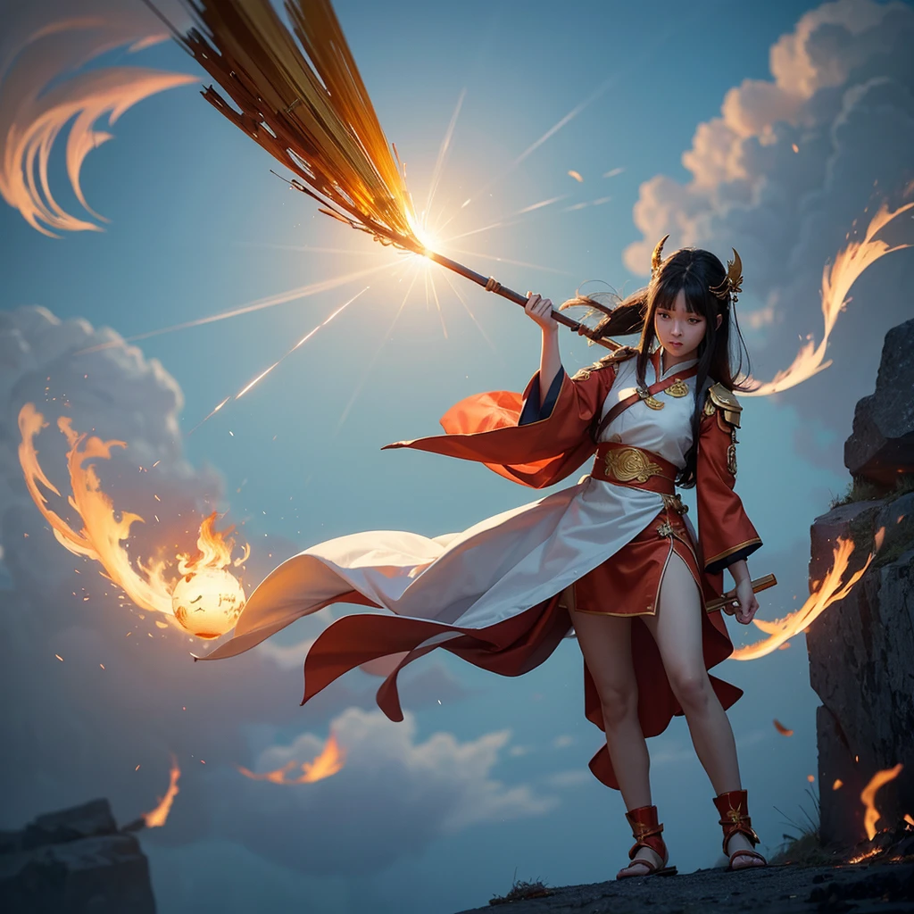 Realistic, surrealistic 20-year-old Asian girl with long black hair, bangs with wind effect, floating above the clouds, wearing a legendary red, white and gold Xianxia costume, holding a large ancient Chinese hammer, standing on a golden cloud, fighting pose, martial arts pose, and shouting bullet time effect. The orange flame halo around her is flaming and expanding in a terrifyingly high range, seeming to bend and swirl along with her energy. High angle shot with a worm's eye view in a full body shot. Fujifilm D55 lens: 50mm f/1.8 --ar 3:4 --Raw Style --Style 250 --iw 0.5UHD