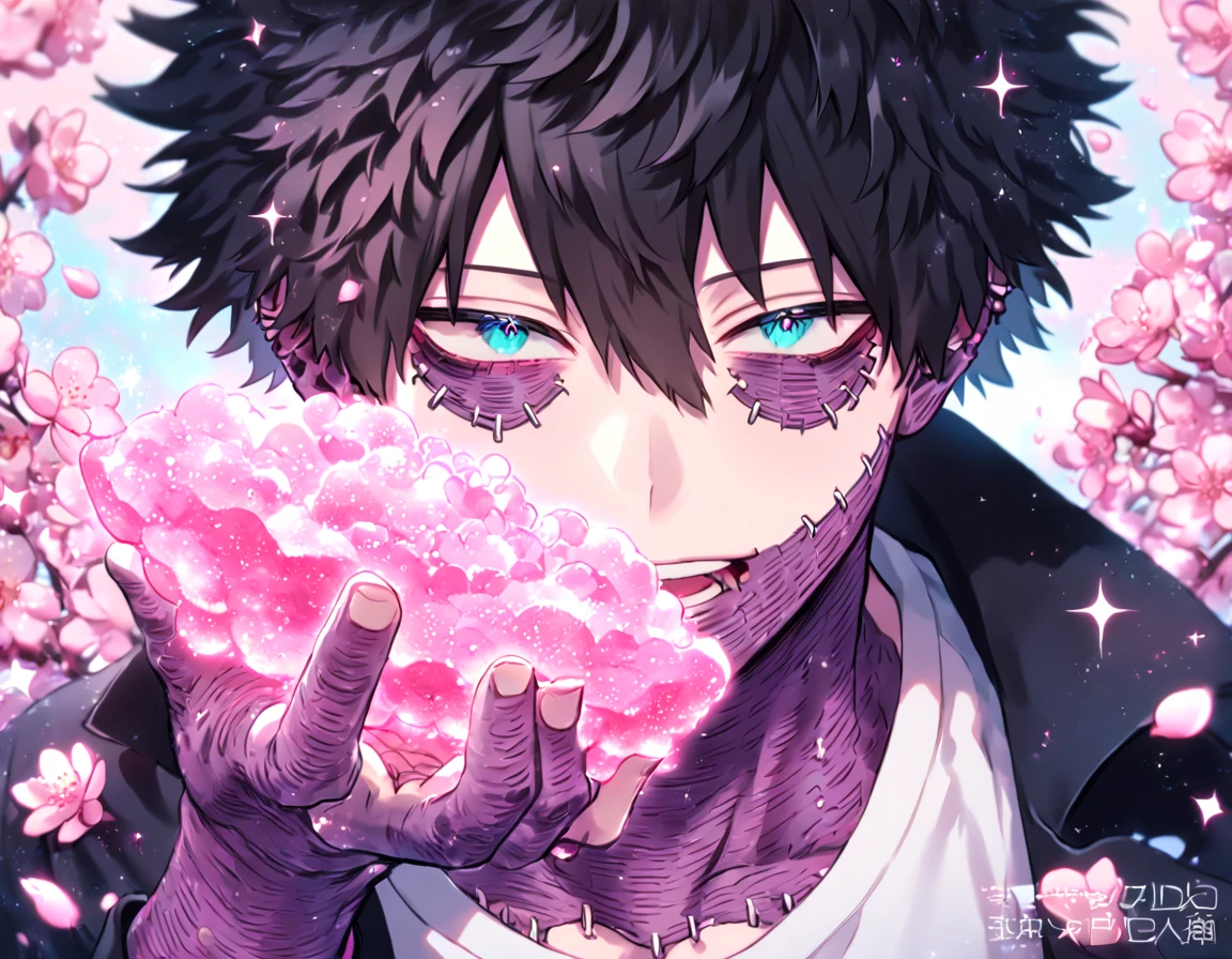absurdres, highres, ultra detailed, HDR, master piece, best quality, extremely detailed, Dabi, black hair, expressive turquoise eyes, Boku No Hero Academia, solo, sexy man, handsome, black coat, white T-shirt, close up, magical, sparkling, pink glittering fireflies, pink ice, pink ice butterflies, pink ice petals, pink ice cherry blossoms, pink crystal, pink flowers, pink moon
