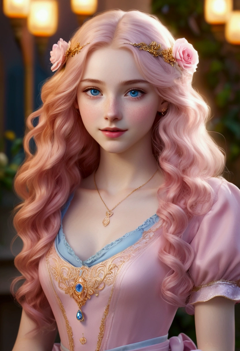An 18 years old European girl with pale skin and long, wavy pink hair. large and blue eyes , with an warm and welcoming expression. wearing a pink, gold, and rose gold color themed outfit, with a more elegant and seductive touch, something that matches her sweet and compassionate personality. Overall, her appearance would be striking, attracting curious and intrigued looks. small chested, cinematic lighting, chromatic aberration, backlighting, masterpiece, high details, high quality, 4K.