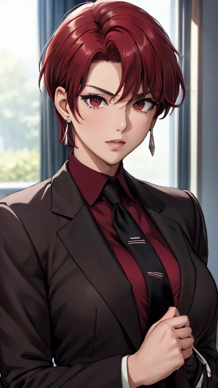 (masterpiece, best quality:1.2), bazett, fgo, 1girl, solo, short hair, red hair, bangs, red eyes, large breasts, black gloves, formal suit, necktie, jacket, upper body, earrings,