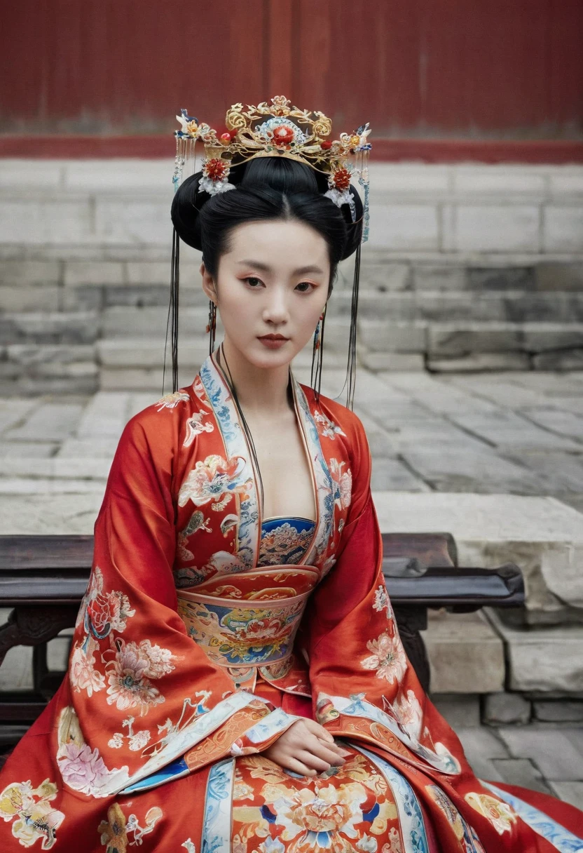 A woman seen from the front, sitting facing forward with her legs apart. Empress of the Qing Dynasty, Chinese imperial court. The Chinese empress is wearing a crown and a red Manchu dress with a floral pattern, open at the front, exposing her chest, lower abdomen, thighs and feet.。She is wearing no underwear, and her large breasts are exposed, right down to her bare stomach. Her hair is tied up and pulled up, and the background is the stone pavement of the Chinese palace of the Qing Dynasty.